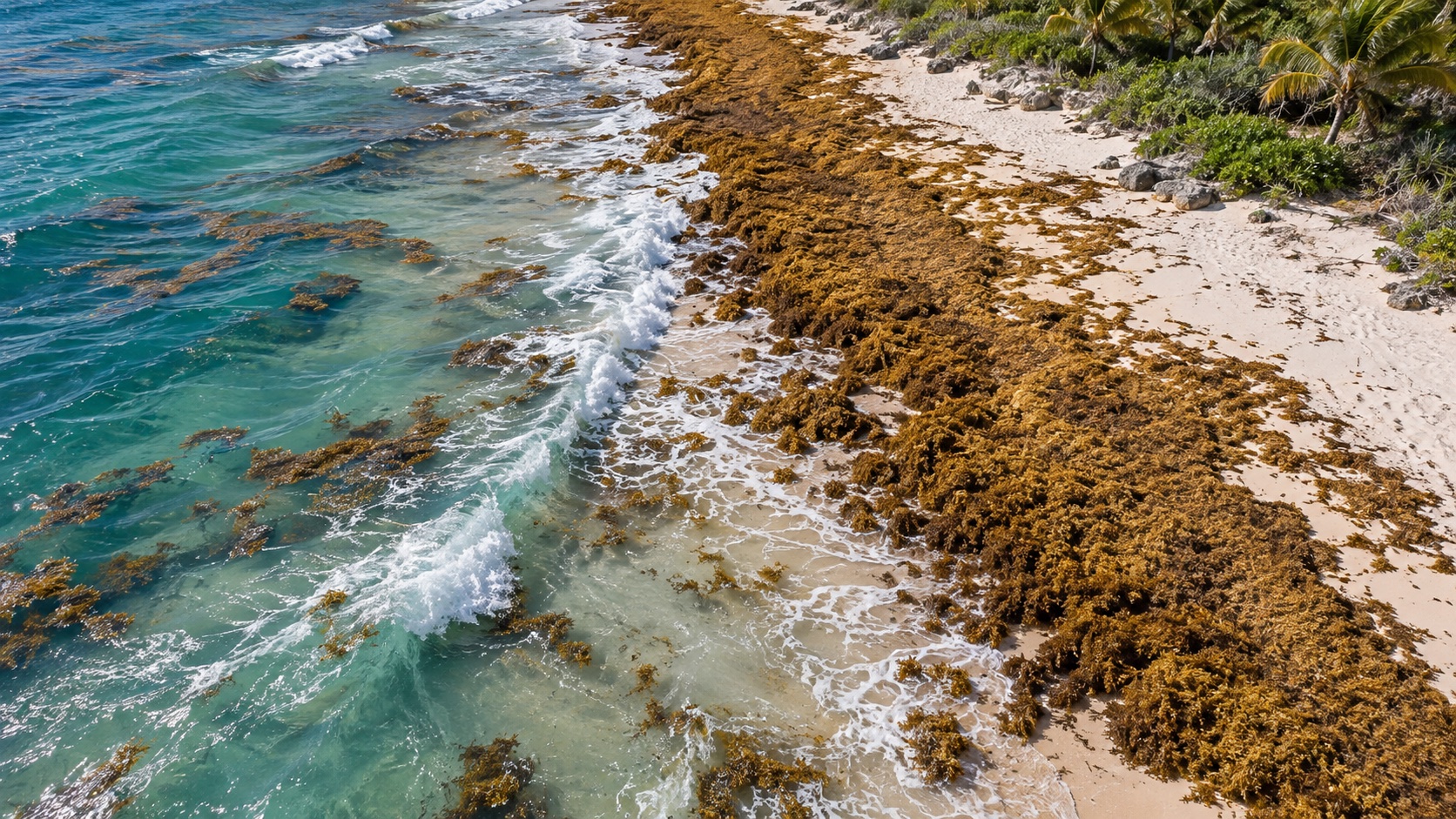 Illustrative close aerial view of sargassum accumulated along a coastline
