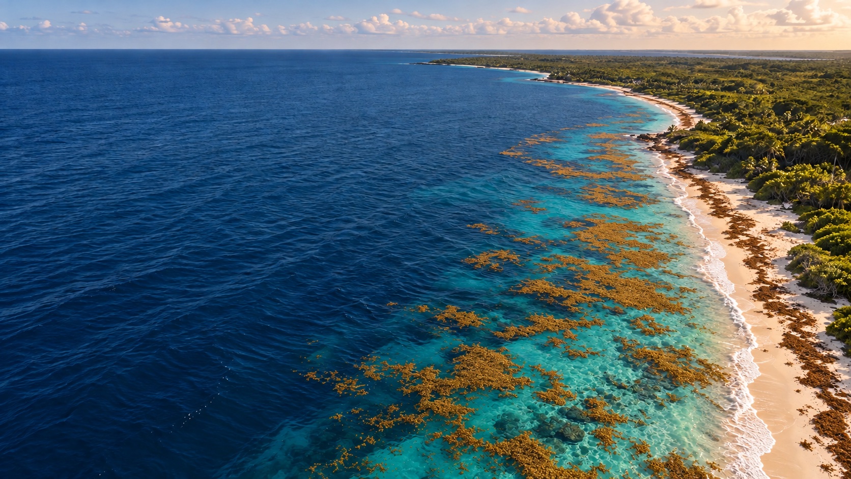 Illustrative aerial view of a Caribbean coastline